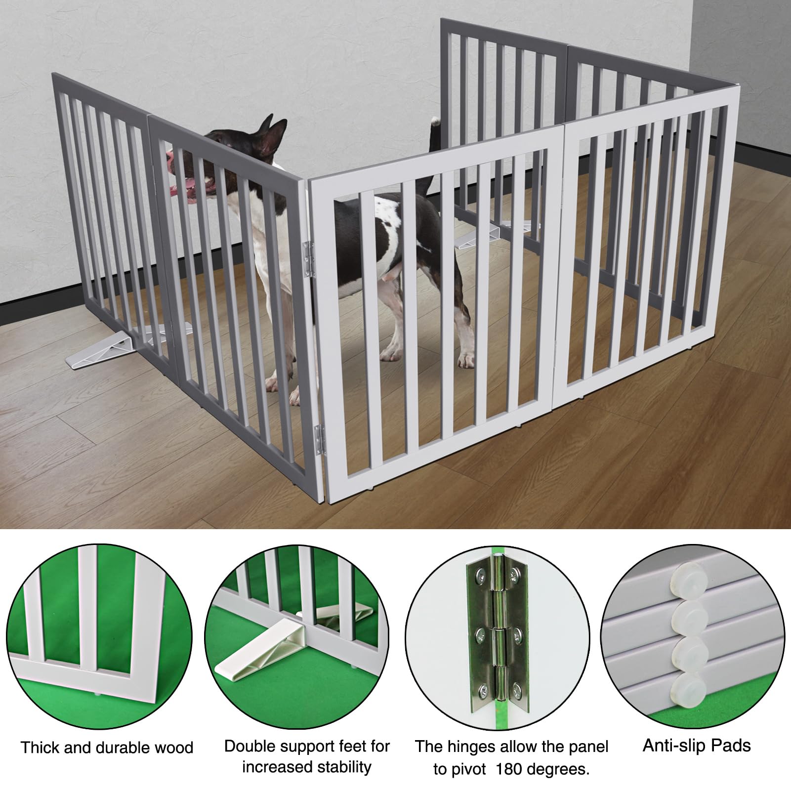 ZJSF dog gate shows cedar wood texture in grey finish for durable indoor use.