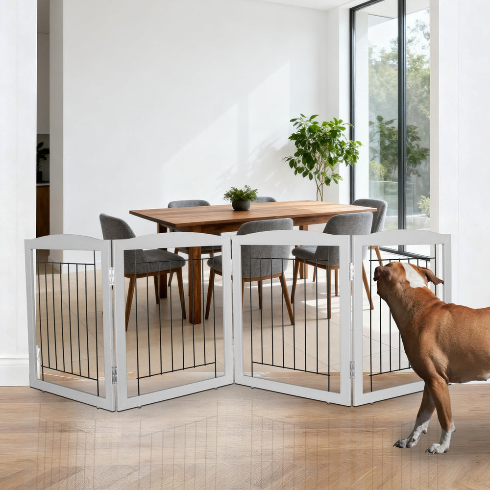 ZJSF Freestanding Foldable Dog Gate shown collapsed for easy storage and quick repositioning.