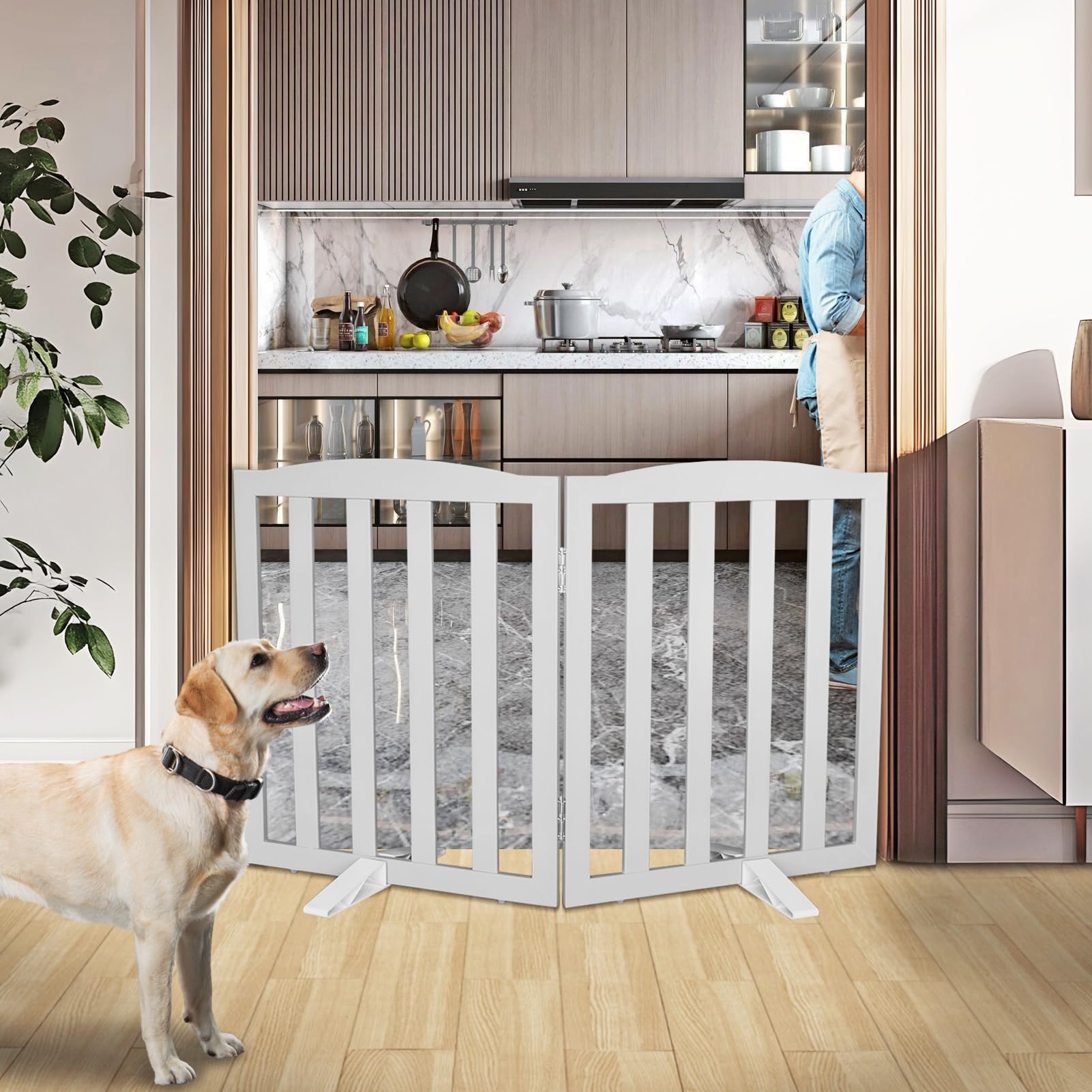 ZJSF dog gate in collapsible design extended to span wider spaces.
