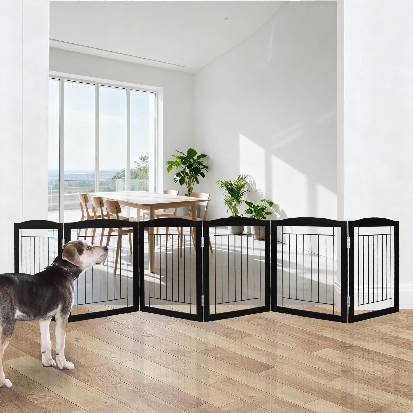 ZJSF dog gate in wide Z-shape shows broad hallway coverage and adjustability.