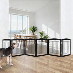 ZJSF dog gate in wide Z-shape shows broad hallway coverage and adjustability.