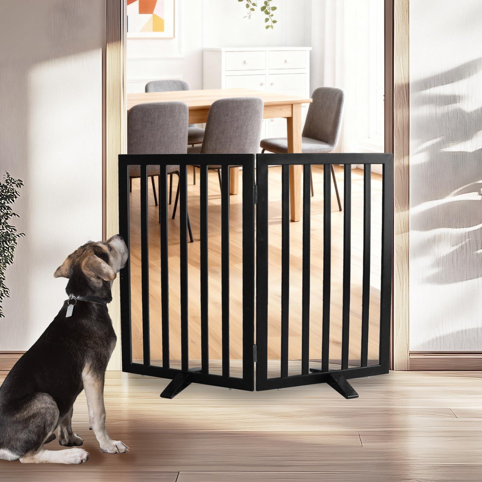 ZJSF dog gate expanded to a wide Z-shape for hallway protection.