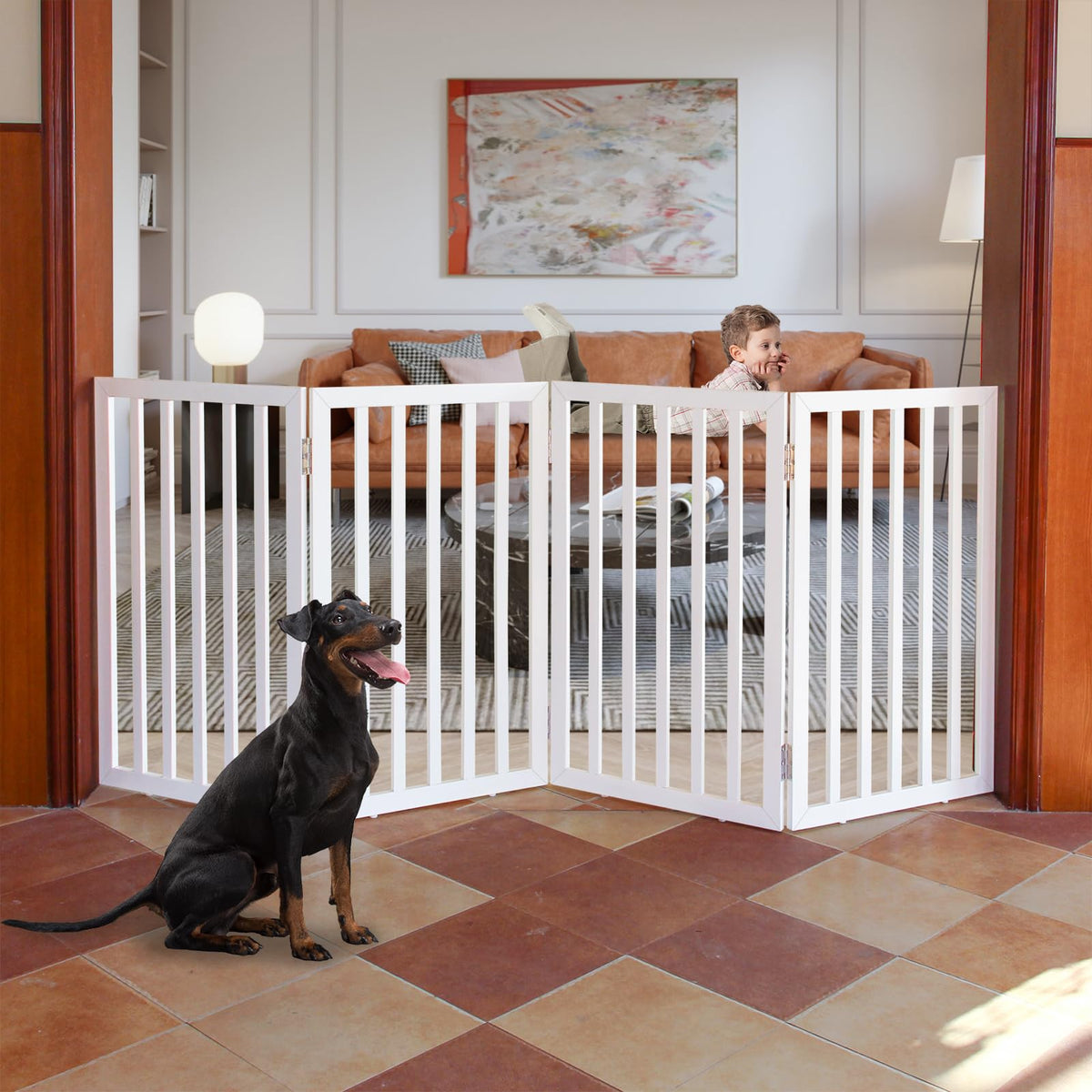 ZJSF freestanding dog gate fully expanded for wide doorways and stairs