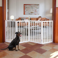 ZJSF freestanding dog gate fully expanded for wide doorways and stairs