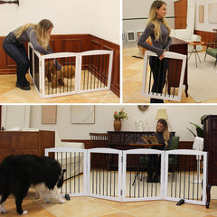 ZJSF dog gate hallway view in wood finish complements decor