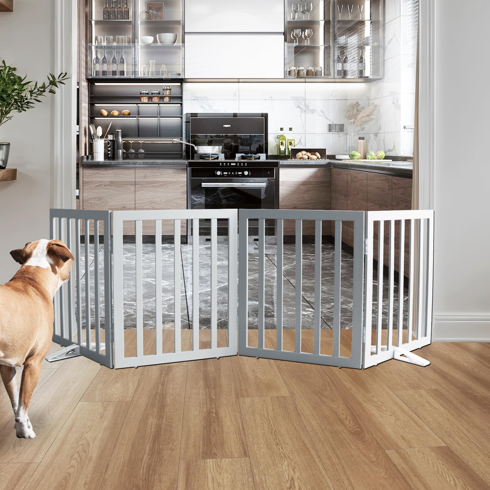 ZJSF dog gate in hallway setup shows wide reach for doorways and stairs
