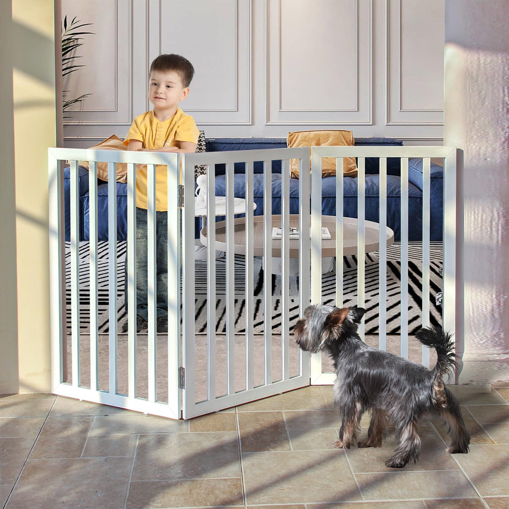 ZJSF dog gate stairs-use shows 32-inch height managing pets on stairs.