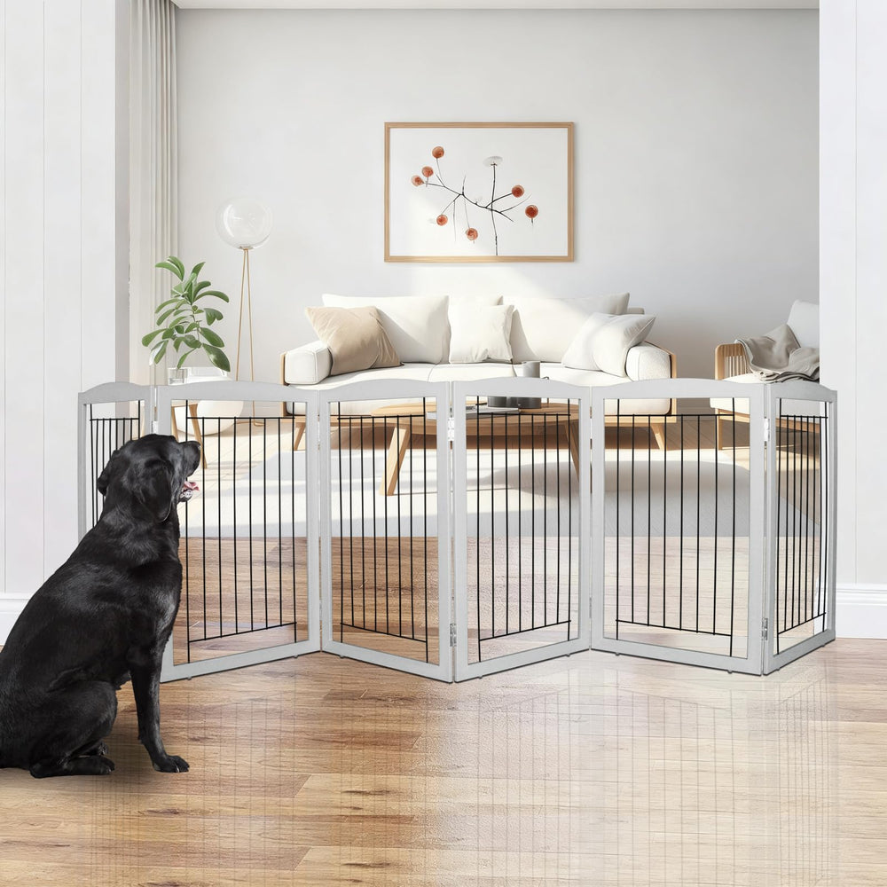 ZJSF dog gate assembled shows sturdy wood and metal for hallway containment.
