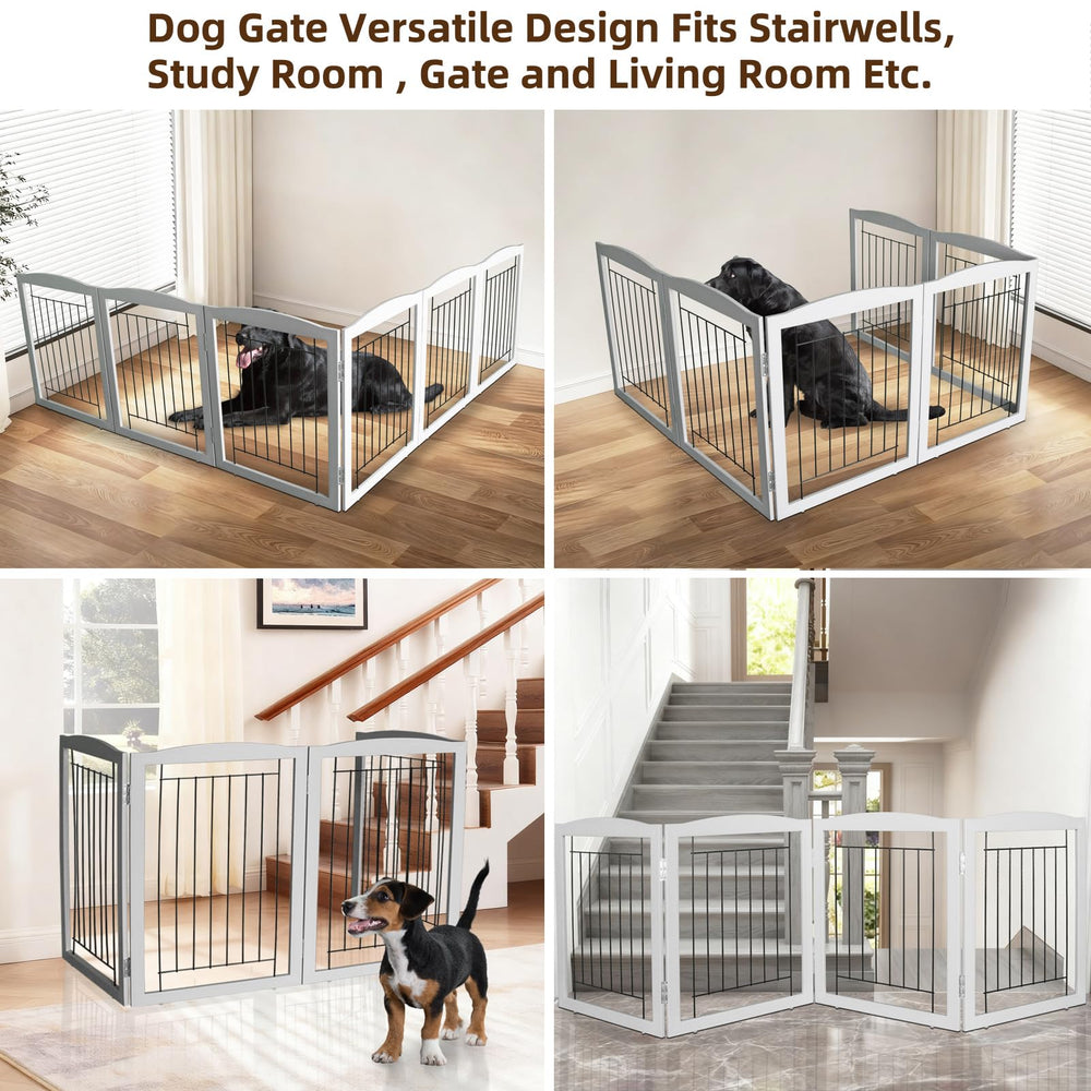 ZJSF dog gate with six panels shows wide, flexible barrier for rooms.