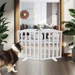 ZJSF dog gate with wooden cedar construction in side view showing sturdy hallway barrier.