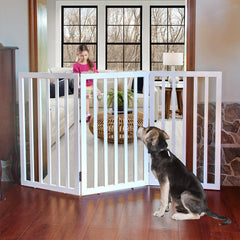 ZJSF dog gate wooden foldable 3-panel in folded mode supports flexible indoor pet containment.