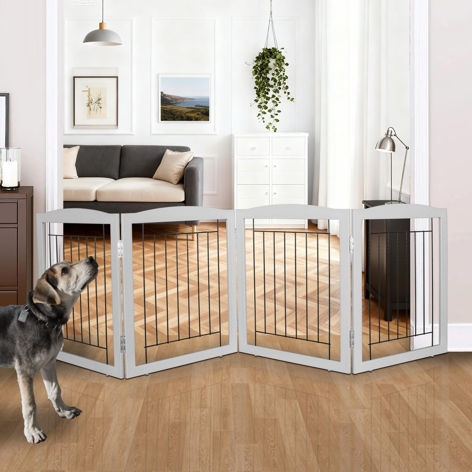 ZJSF Freestanding Foldable Dog Gate in open-wide hallway setup for safe containment.