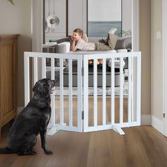 ZJSF dog gate wooden panel extended in doorway for doorway containment