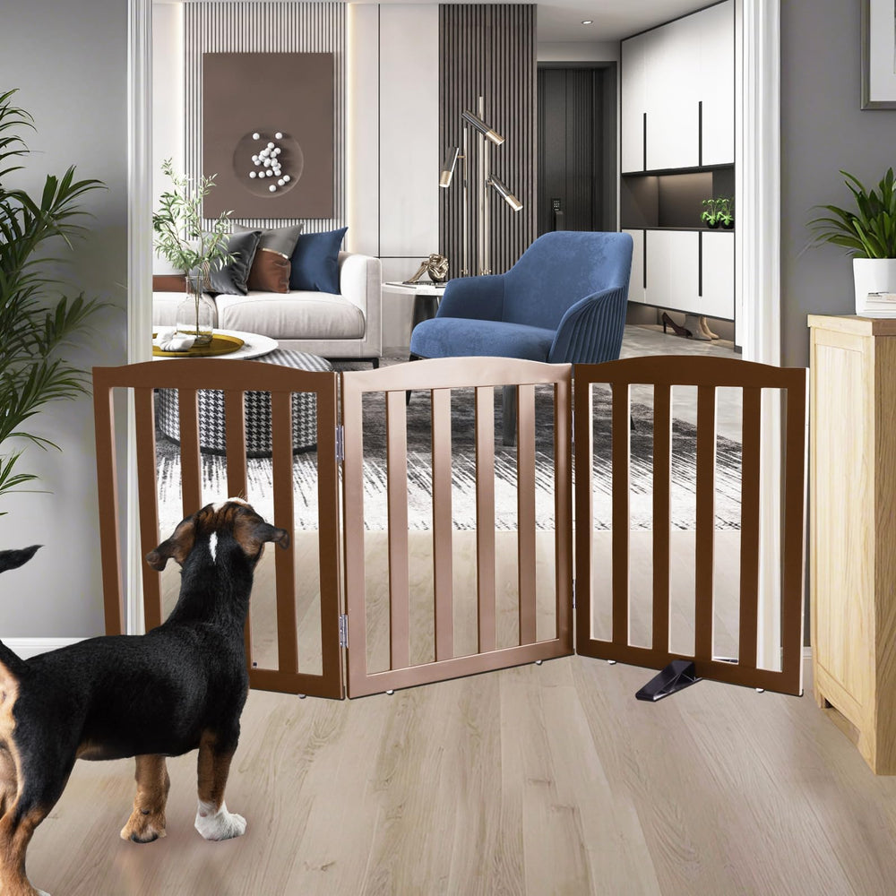 ZJSF foldable dog gate assembled view shows sturdy cedar wood and steel hinges for quick setup.