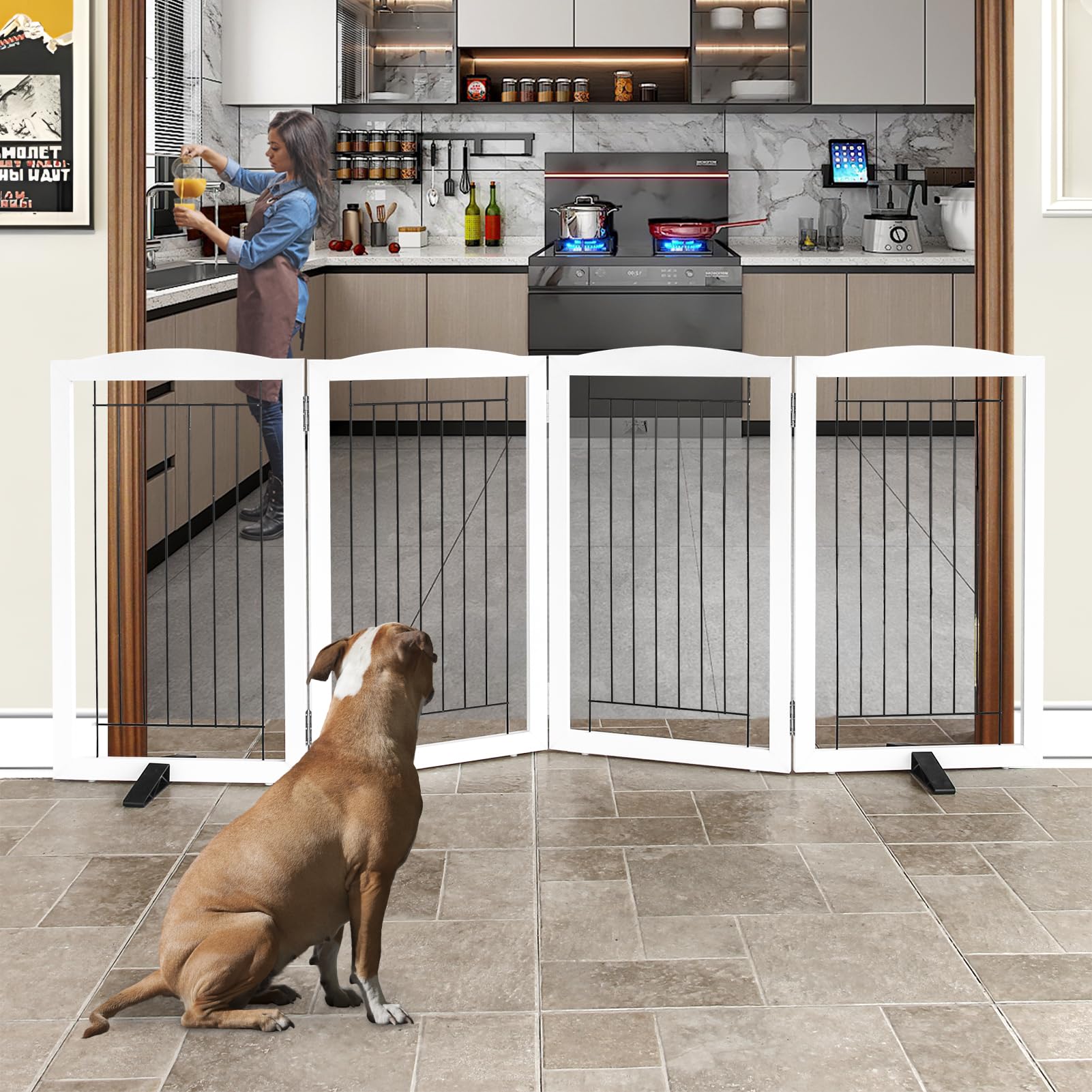 ZJSF foldable dog gate used at doorways for flexible room boundaries.