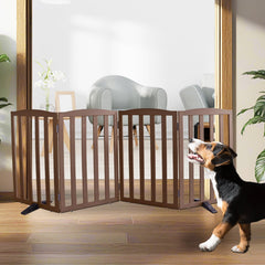 ZJSF foldable dog gate in four panels, assembled as a freestanding hall divider