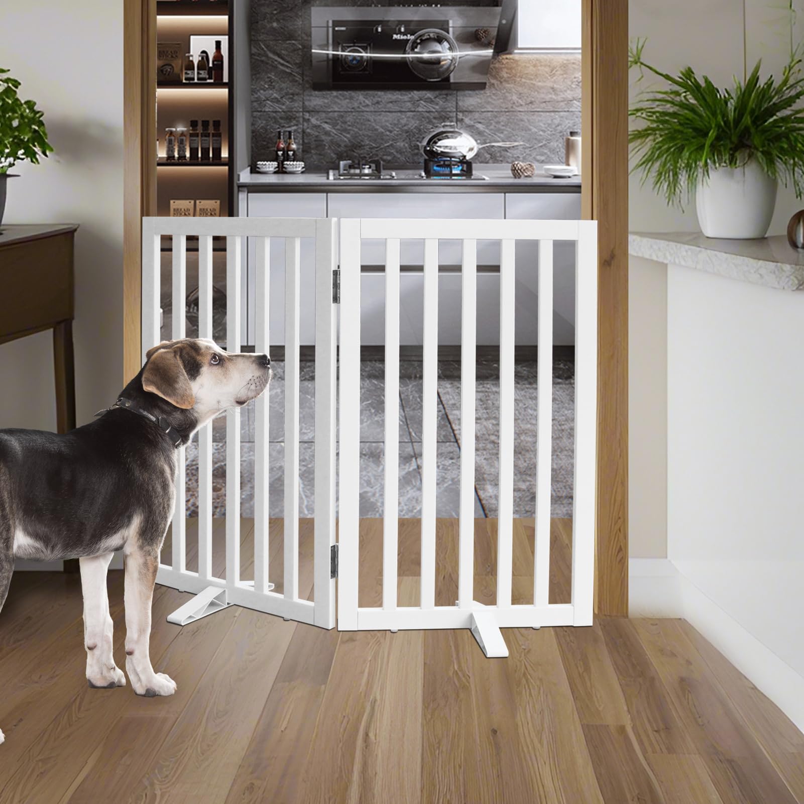 ZJSF foldable dog gate in wide Z shape enabling hallway versatility.