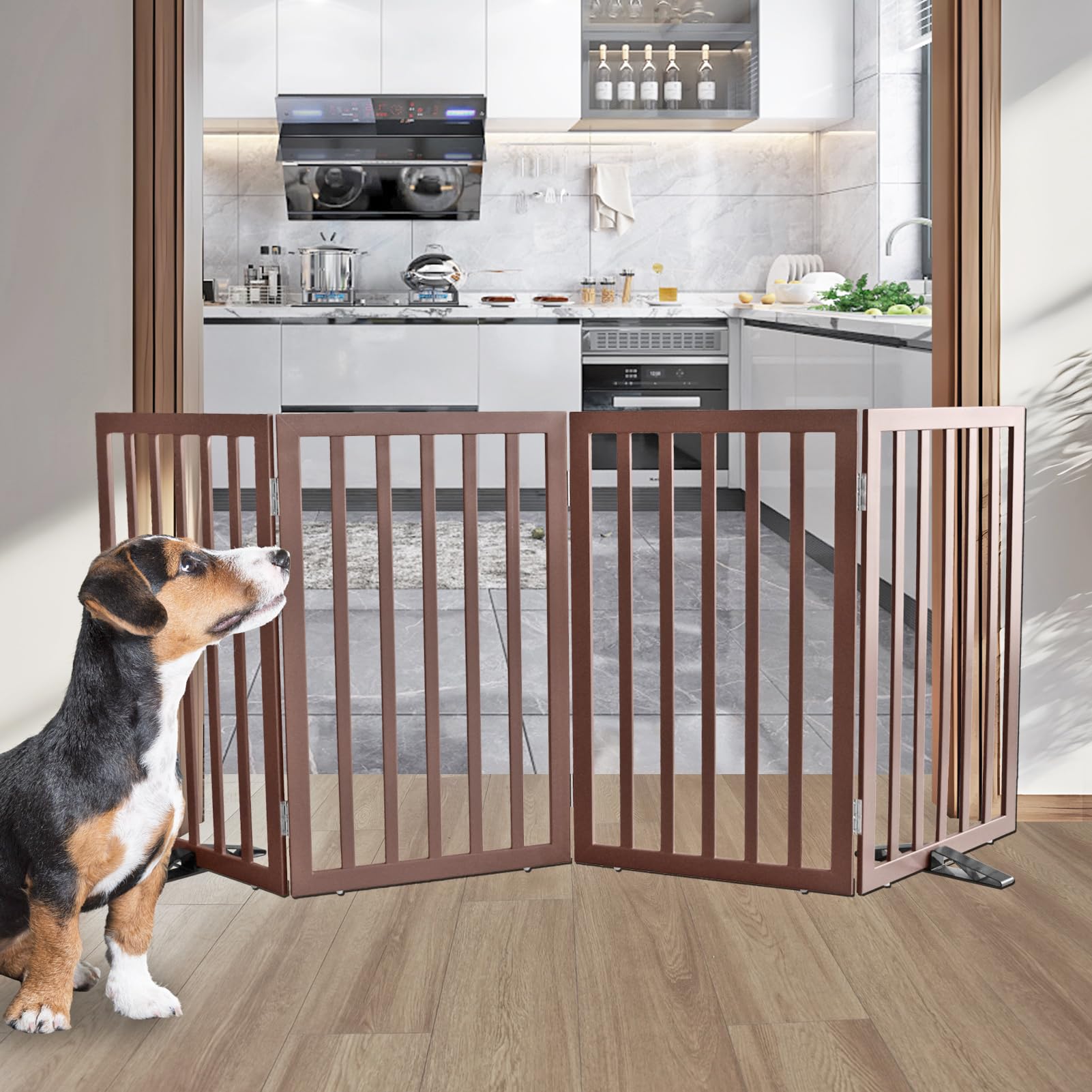 ZJSF four-panel gate with accordion hinges for wide hallway coverage and flexibility.