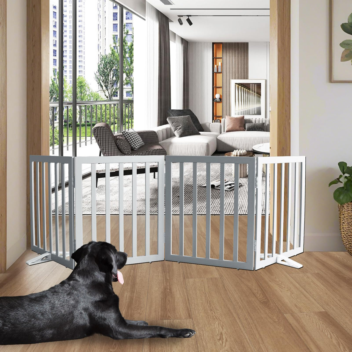 ZJSF freestanding dog gate four panels open for hallway use, spacious pet containment