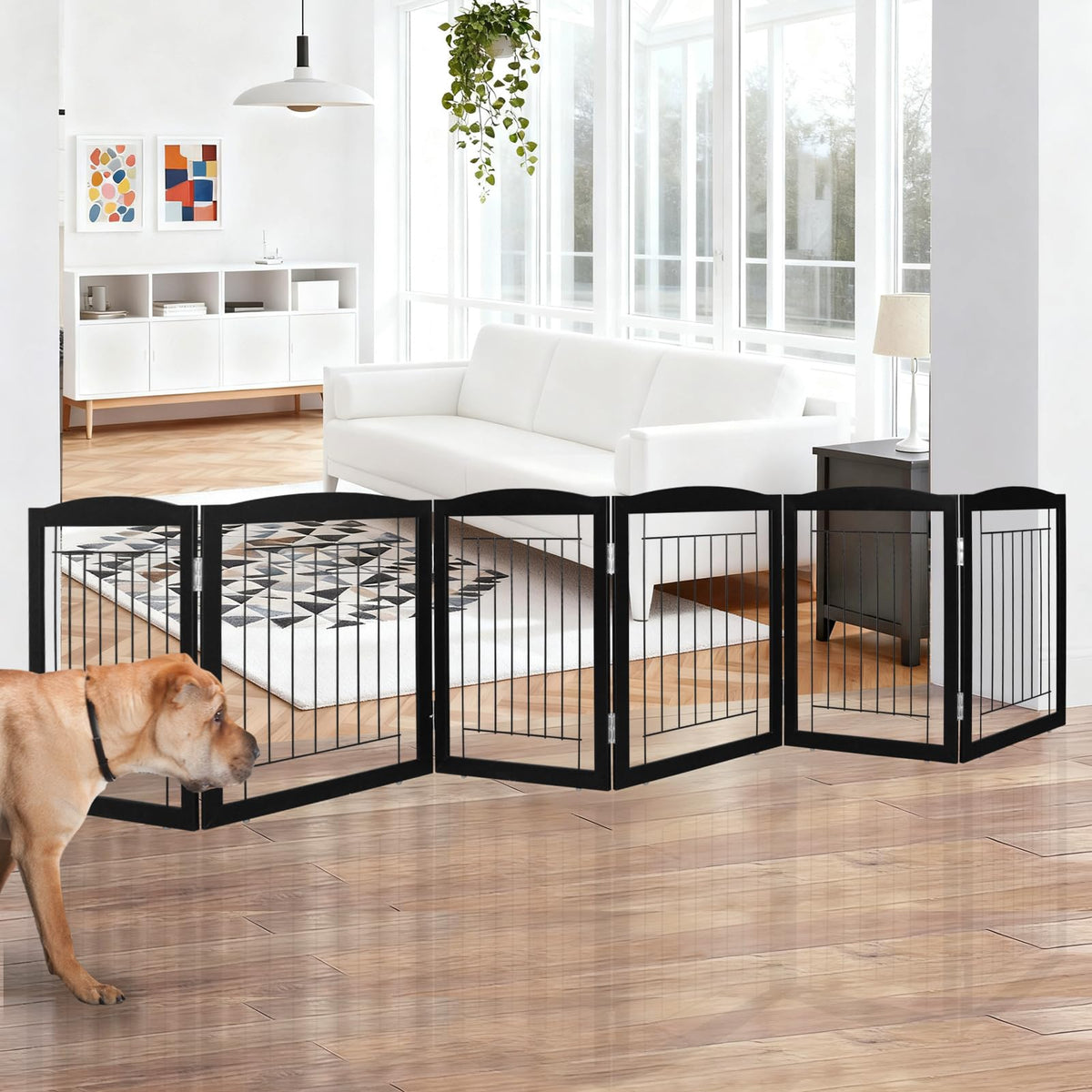 ZJSF freestanding dog gate assembled for quick, flexible pet containment.