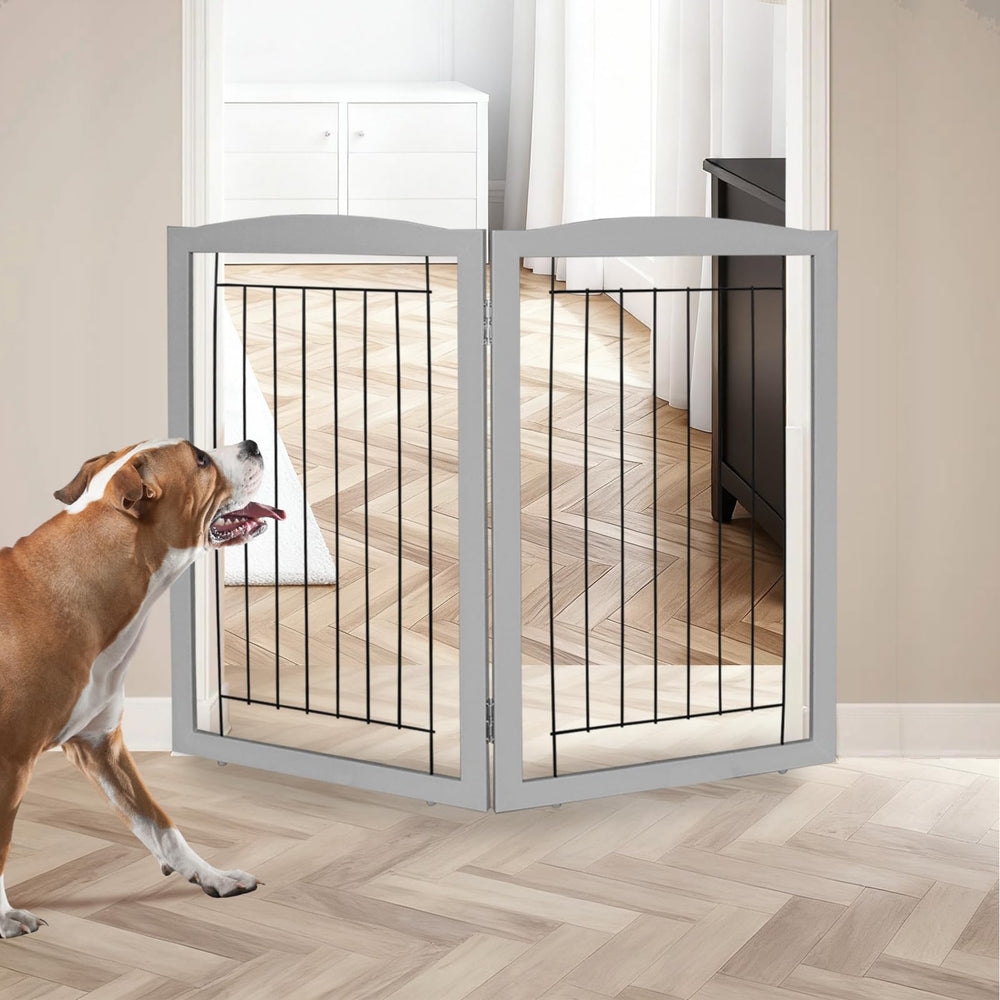 ZJSF freestanding dog gate assembly view showing sturdy construction for safe hallway use.