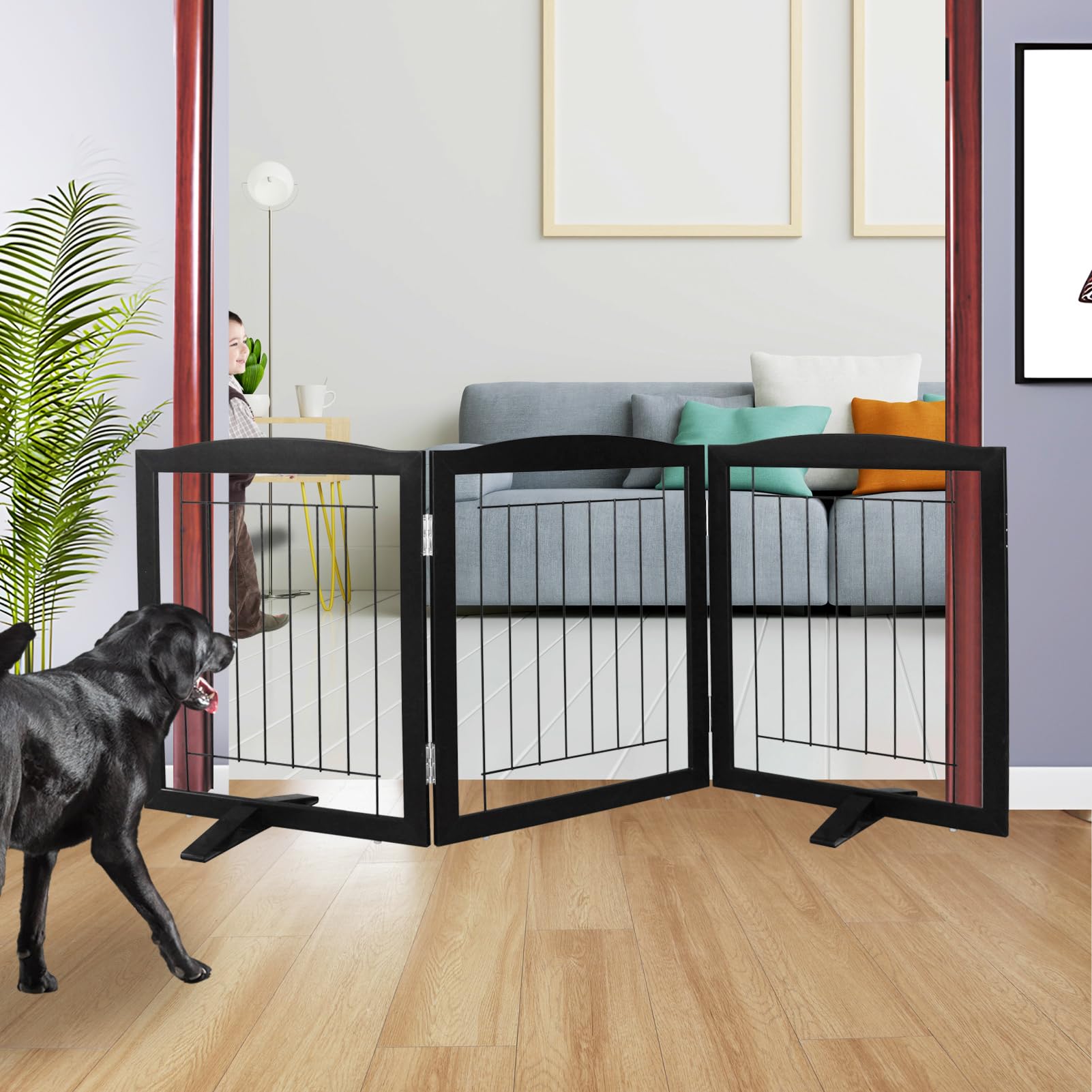 ZJSF freestanding dog gate in three panels for doorway use and stable room separation.