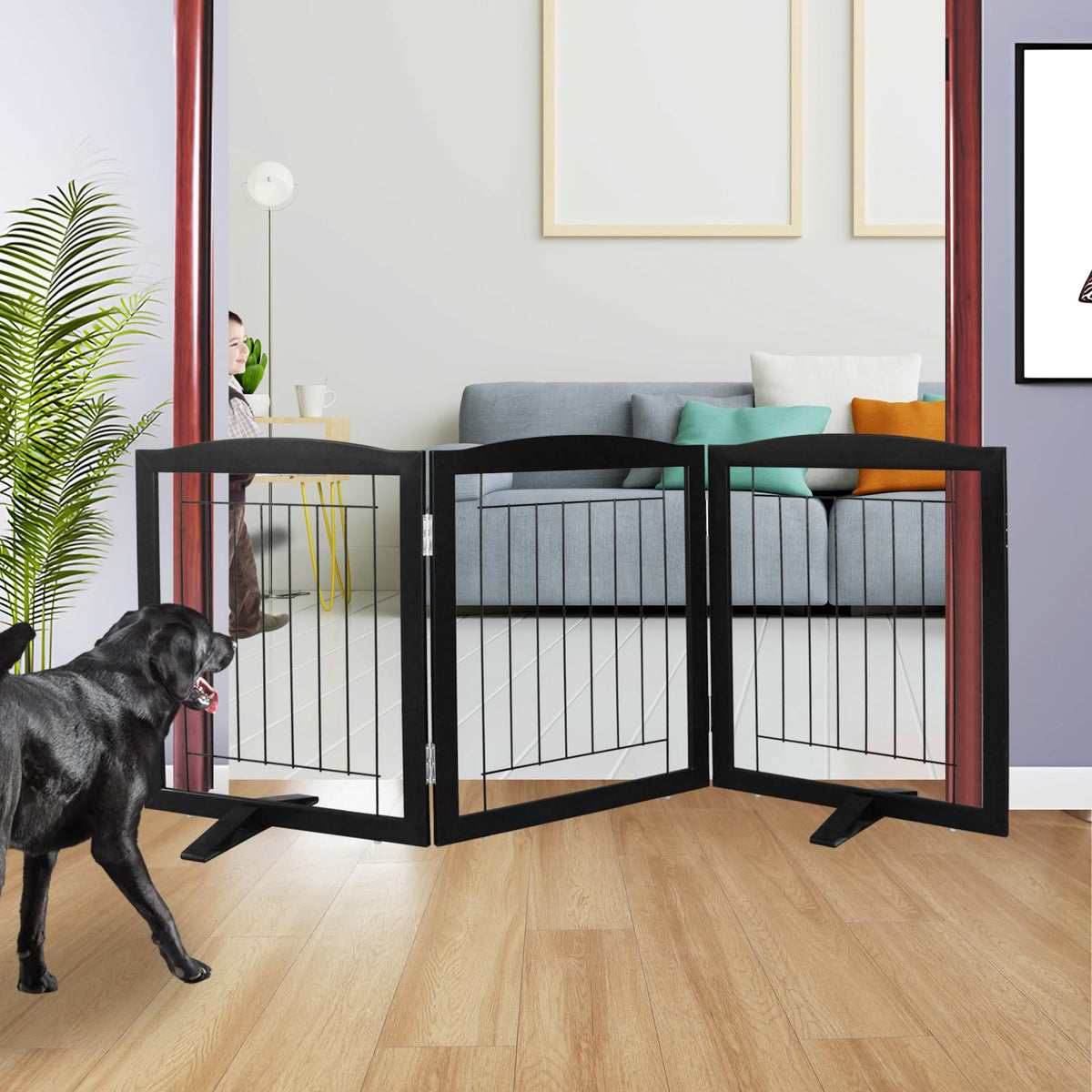 ZJSF freestanding dog gate in three panels for doorway use and stable room separation.