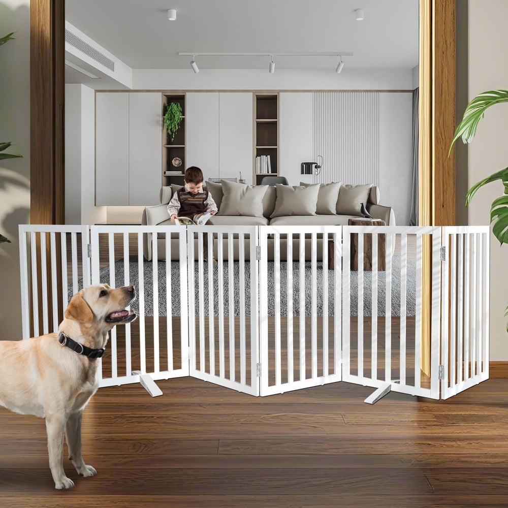 ZJSF freestanding dog gate in cedar wood shows natural warmth and sturdy build.