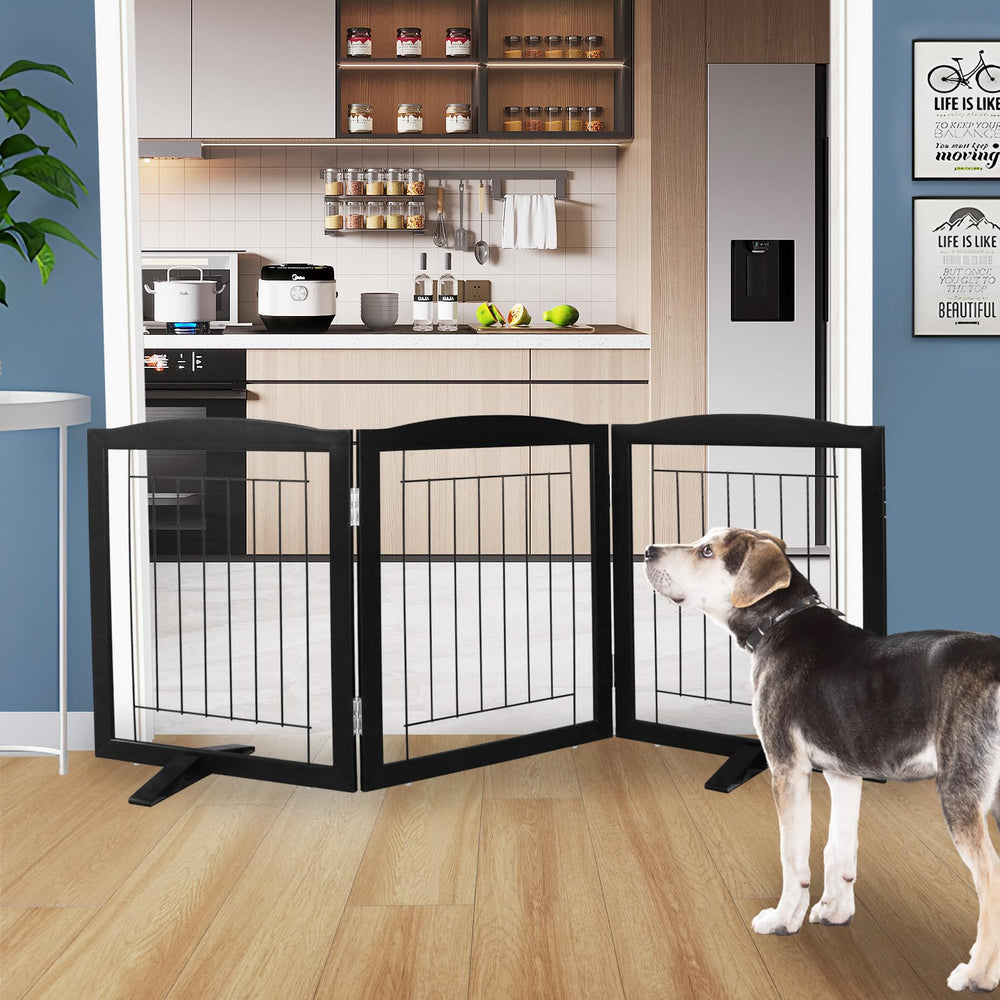 ZJSF dog gate folded into wide Z-shape for hallway travel and storage.