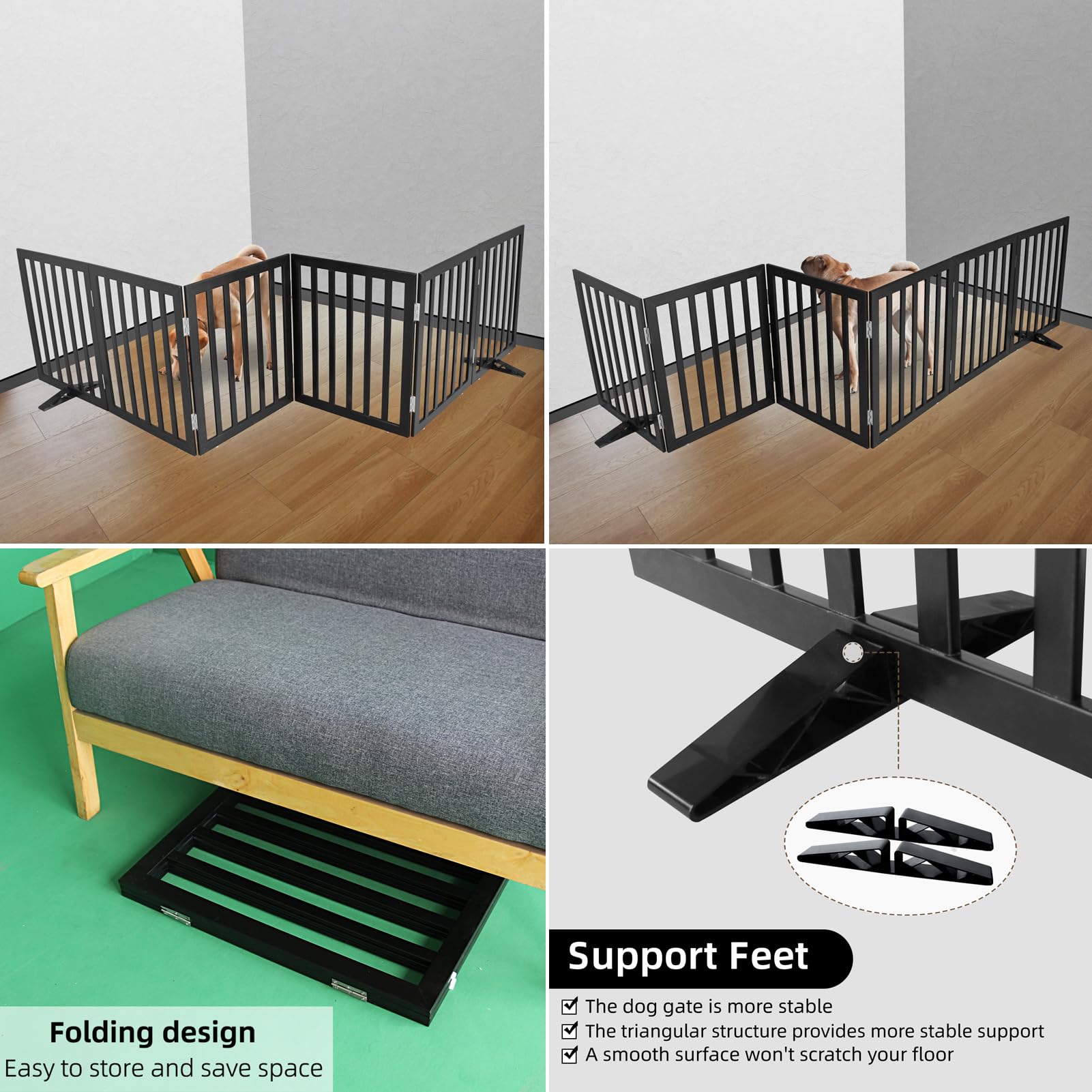 ZJSF freestanding dog gate with non-slip rubber feet protecting floors.