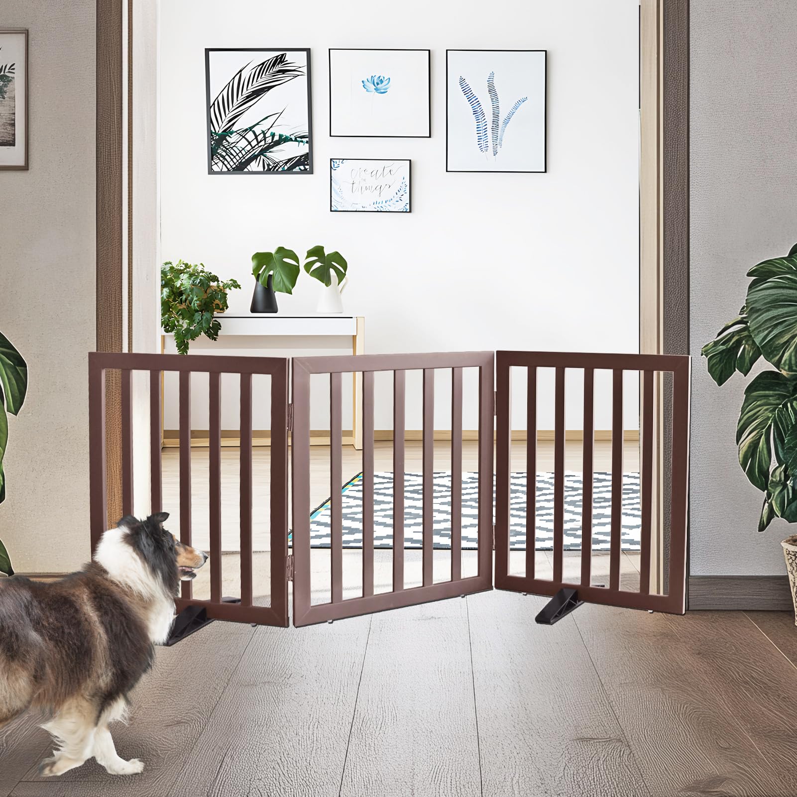 ZJSF freestanding dog gate in cedar wood opened across hallway for easy pet management.