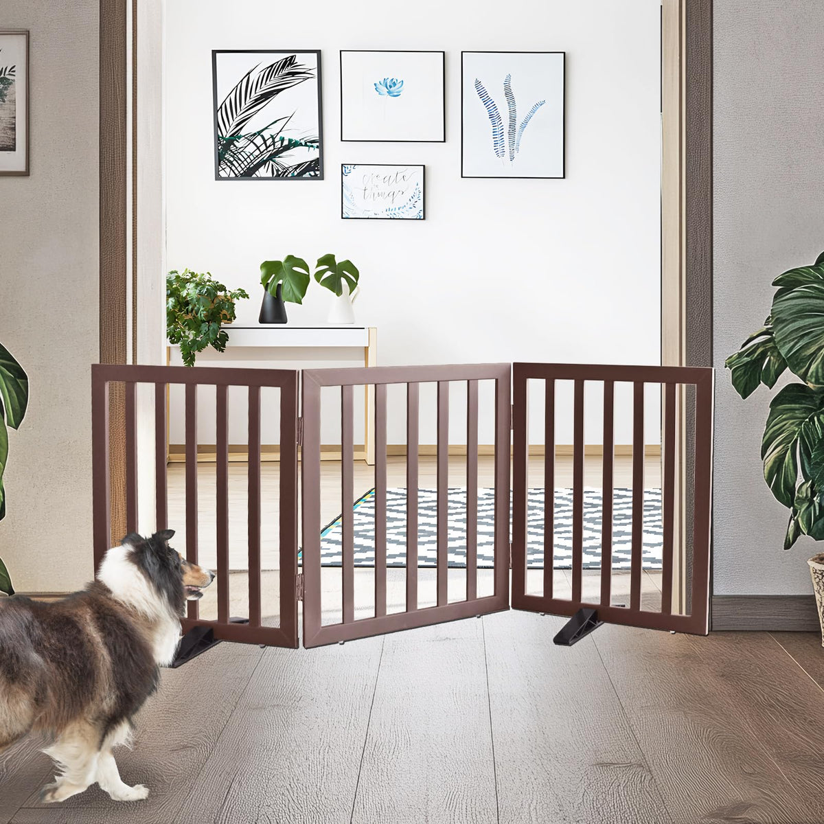 ZJSF freestanding dog gate in cedar wood opened across hallway for easy pet management.