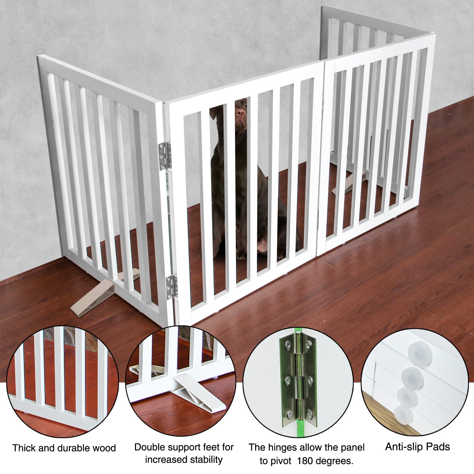 ZJSF freestanding dog gate collapsed size highlights easy storage when not in use.