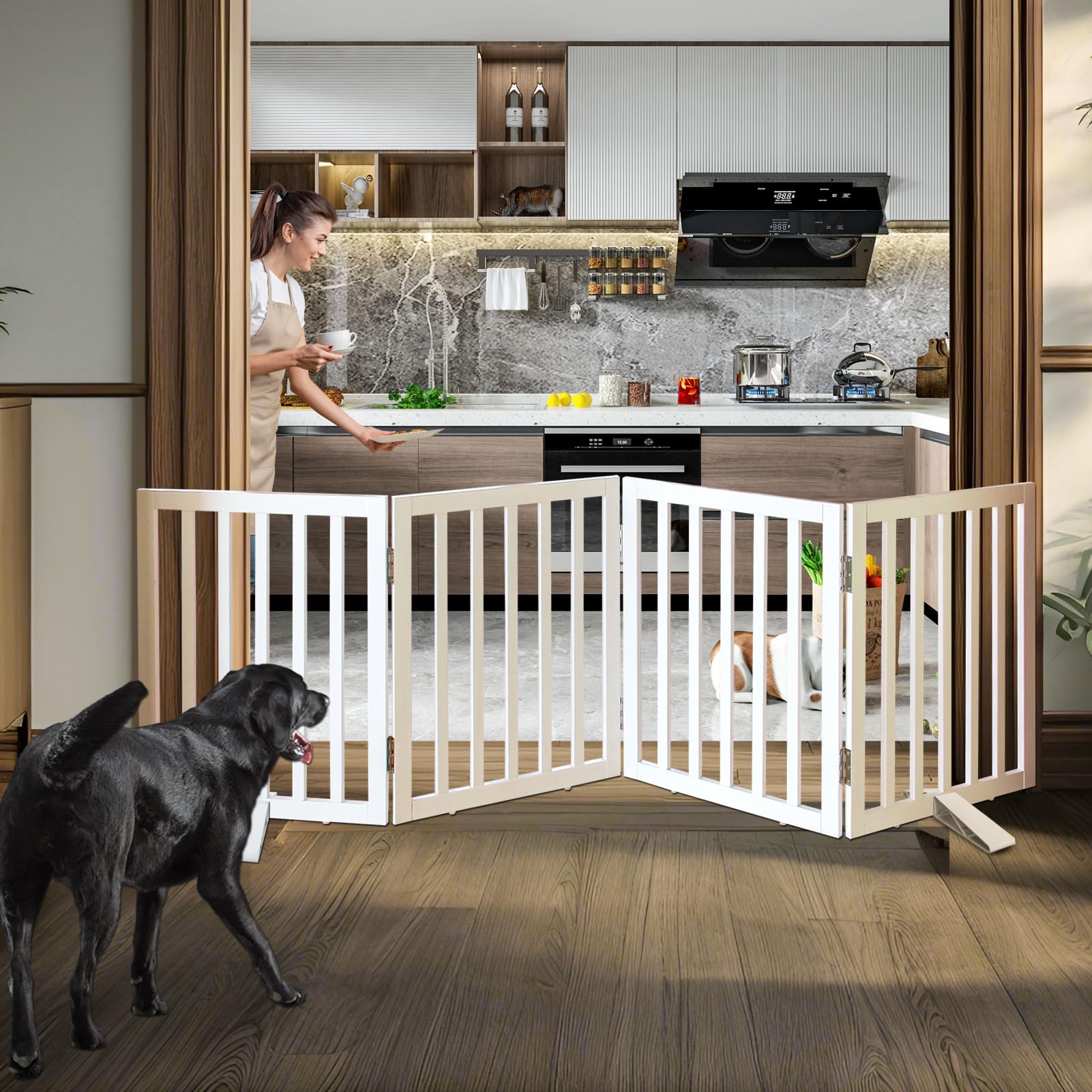 ZJSF freestanding dog gate folded into a compact Z-shape for easy storage and versatile placement.