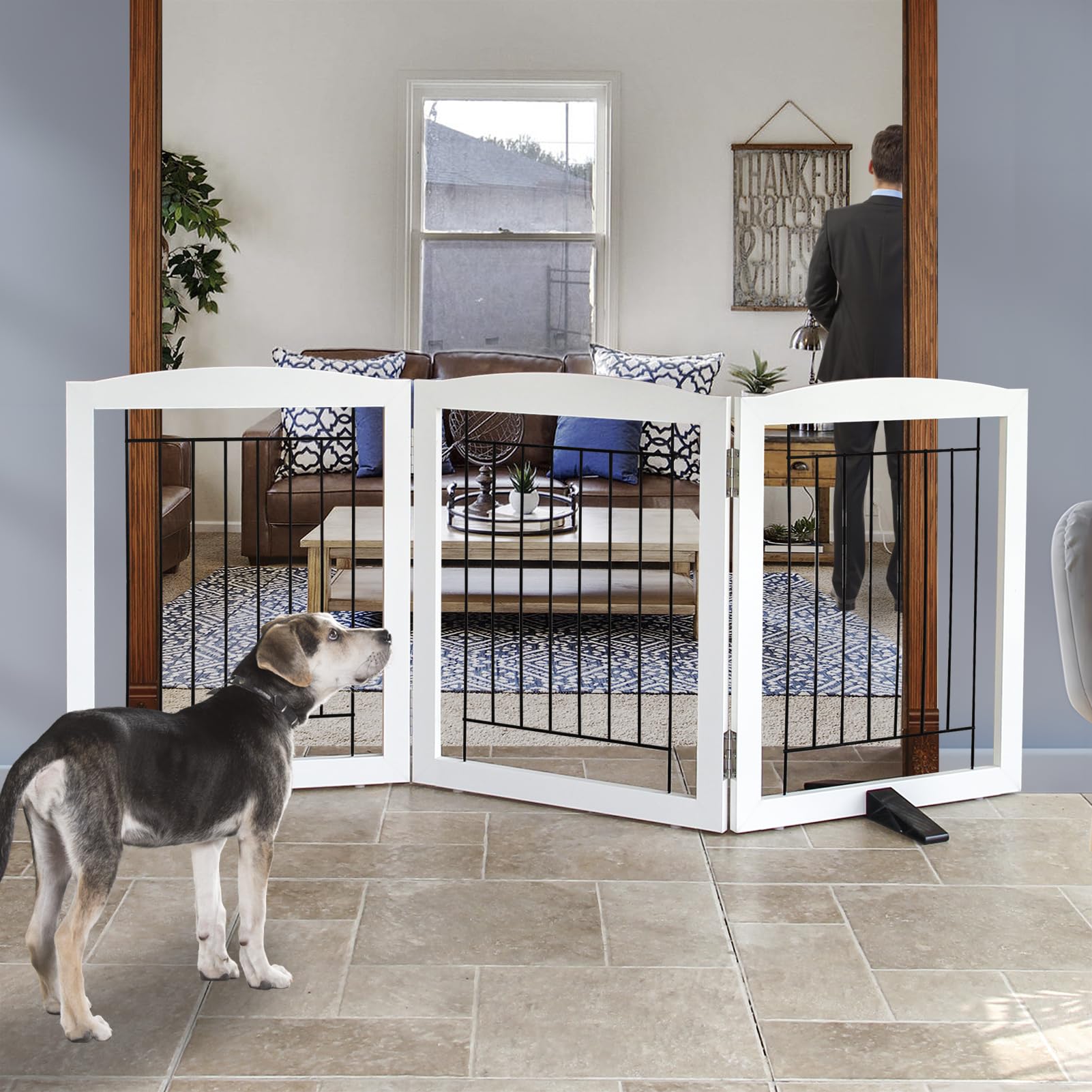 ZJSF freestanding dog gate close-up shows sturdy wood panel and floor-protecting feet.