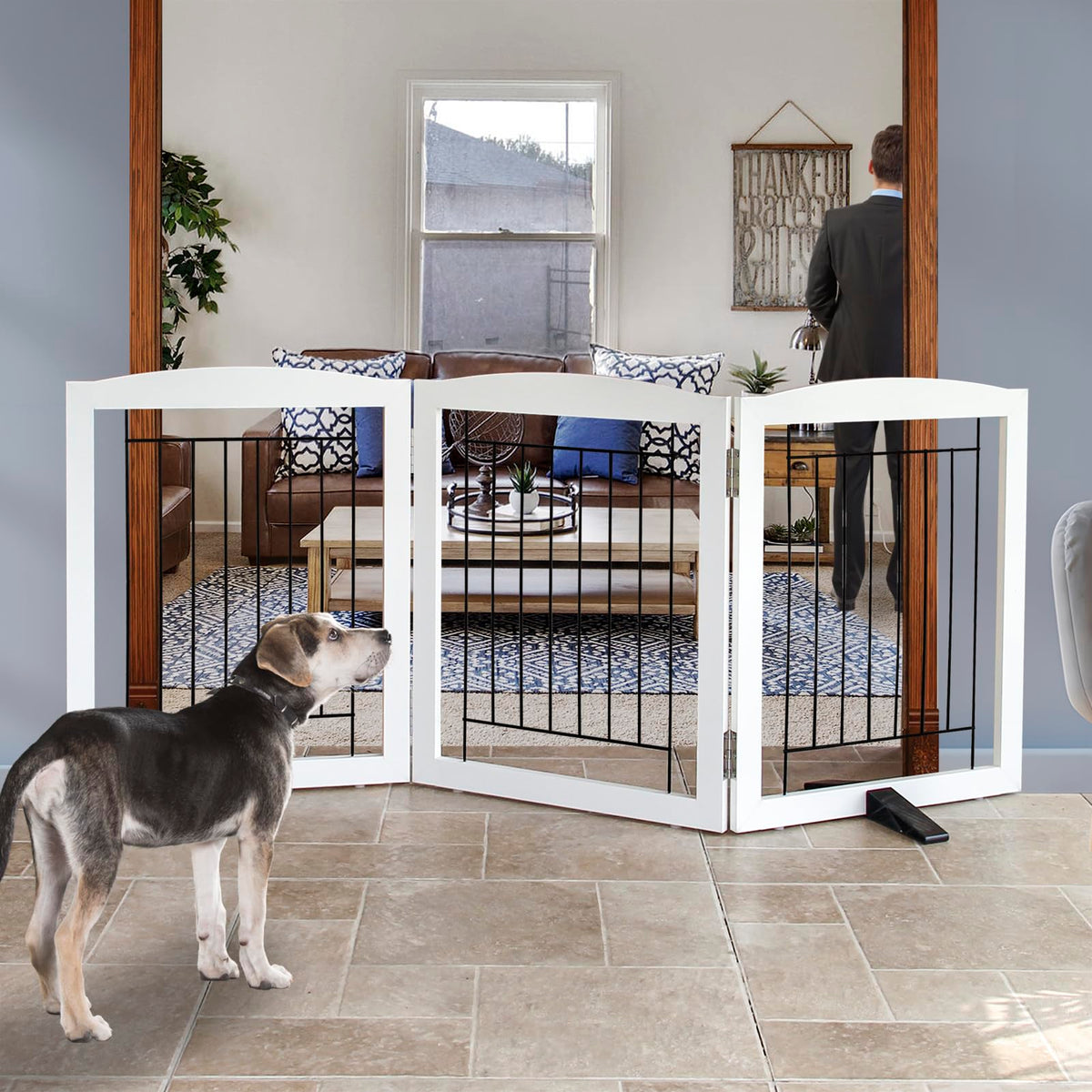 ZJSF freestanding dog gate close-up shows sturdy wood panel and floor-protecting feet.