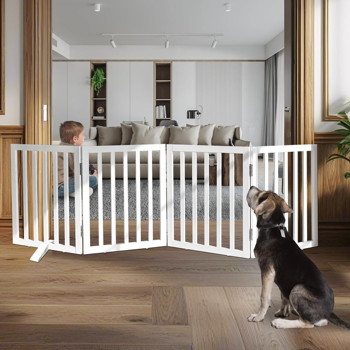 ZJSF freestanding dog gate with extended cedar panels for wide hallway coverage and pet control.