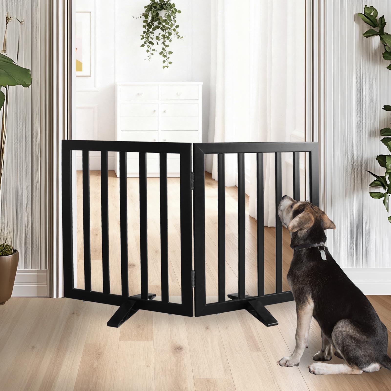 ZJSF freestanding dog gate in wood panels for easy hallway setup and pet separation.
