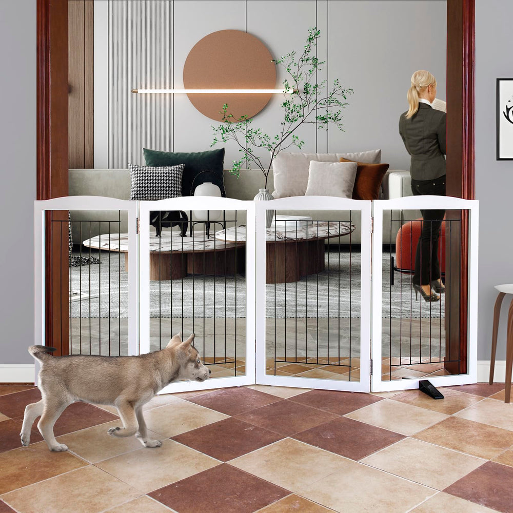 ZJSF freestanding dog gate in white securely fences pets without permanent installation.