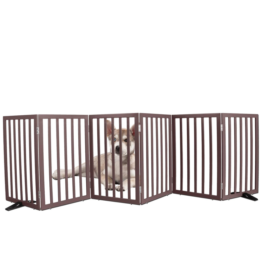 ZJSF freestanding wooden dog gate in cedar finish securing a doorway