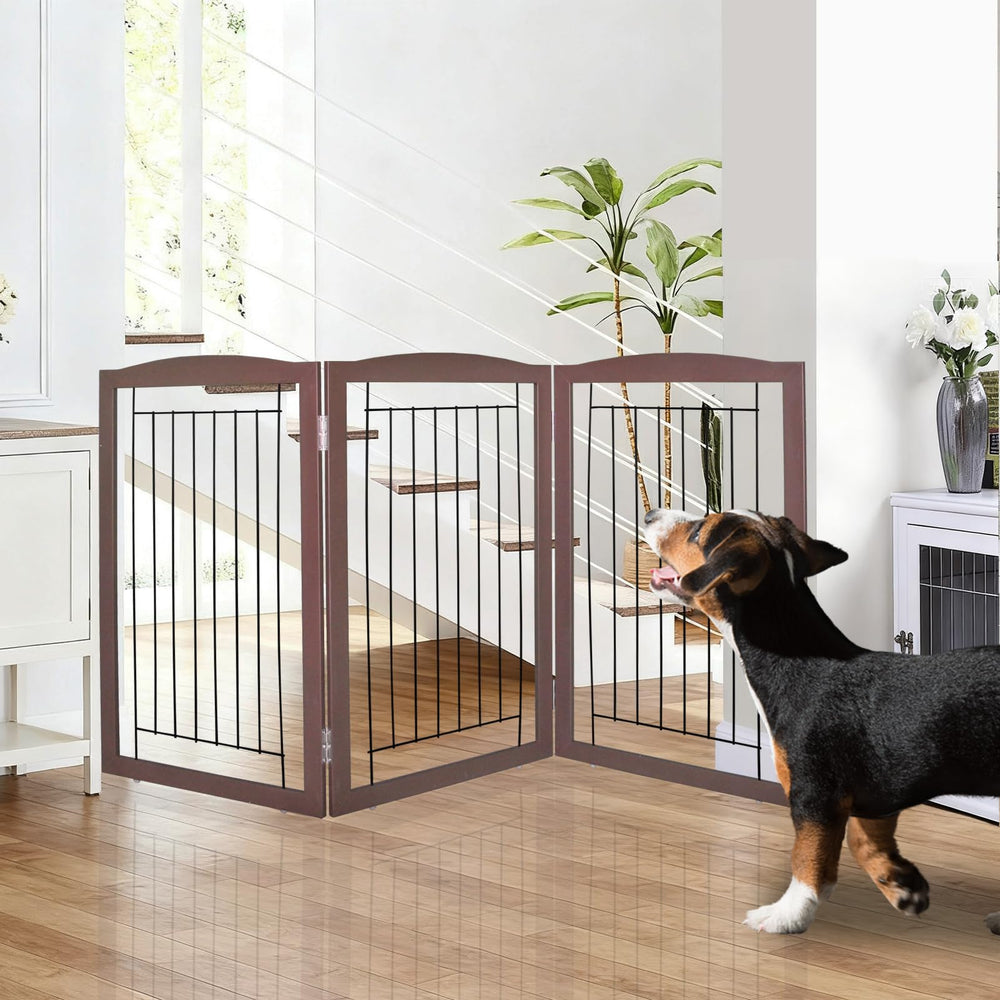 ZJSF freestanding dog gate in wooden brown, closed to block doorways