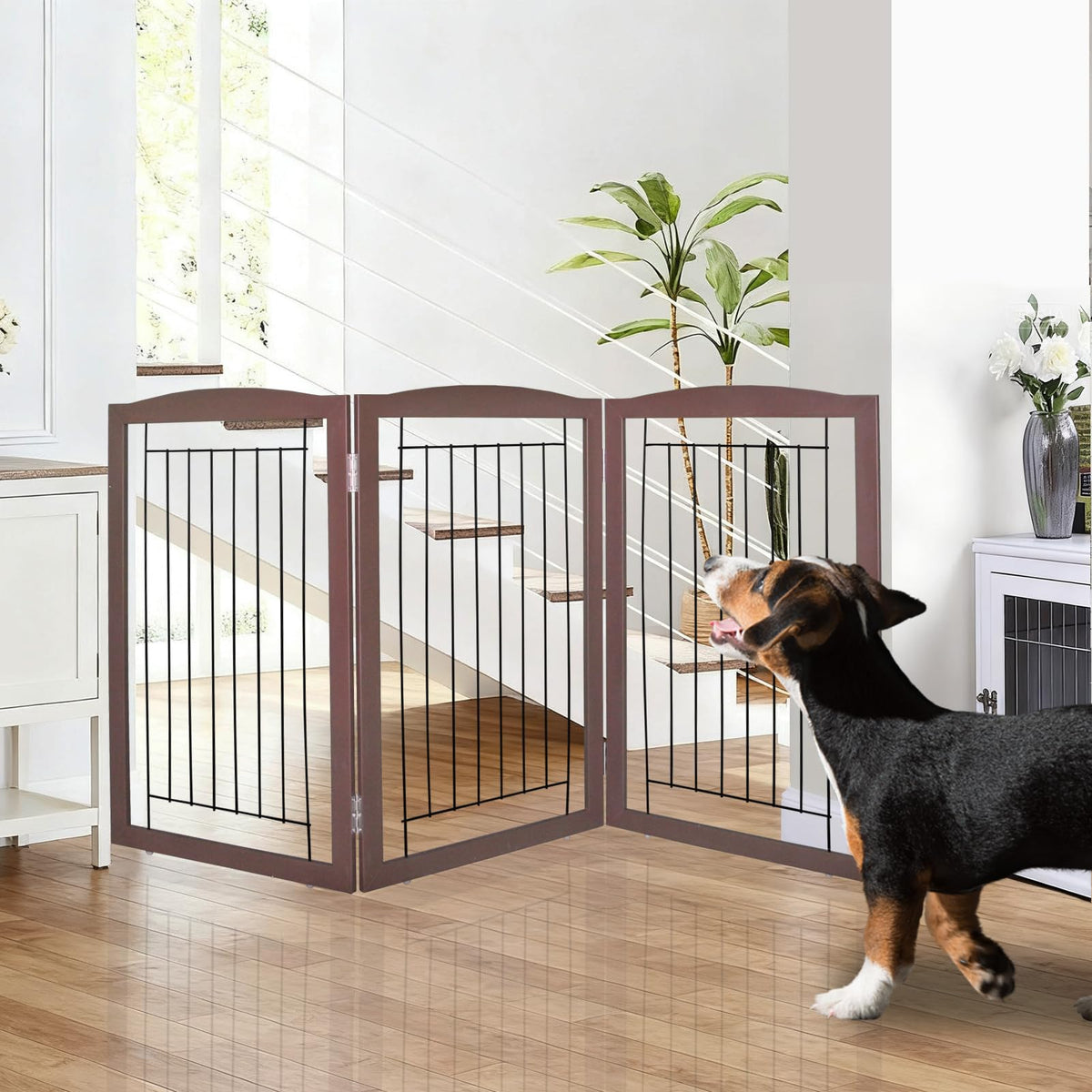 ZJSF freestanding dog gate in wooden brown, closed to block doorways