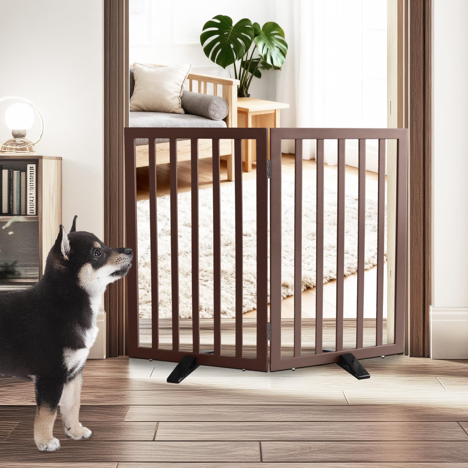 ZJSF freestanding cedar dog gate with natural wood finish and durability