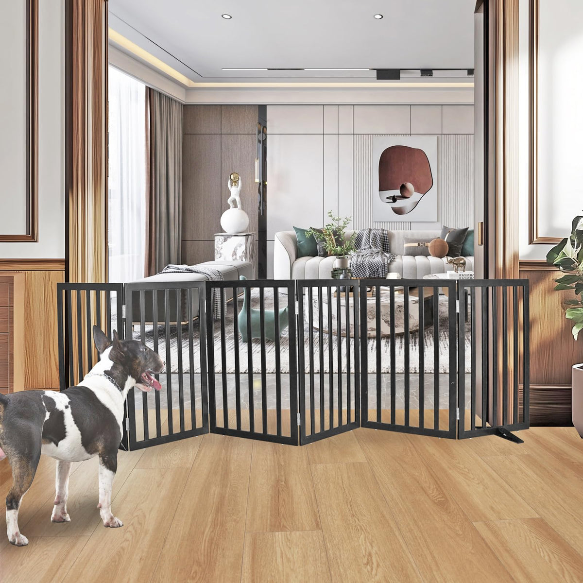 ZJSF freestanding wooden dog gate with cedar frame for doorway containment.