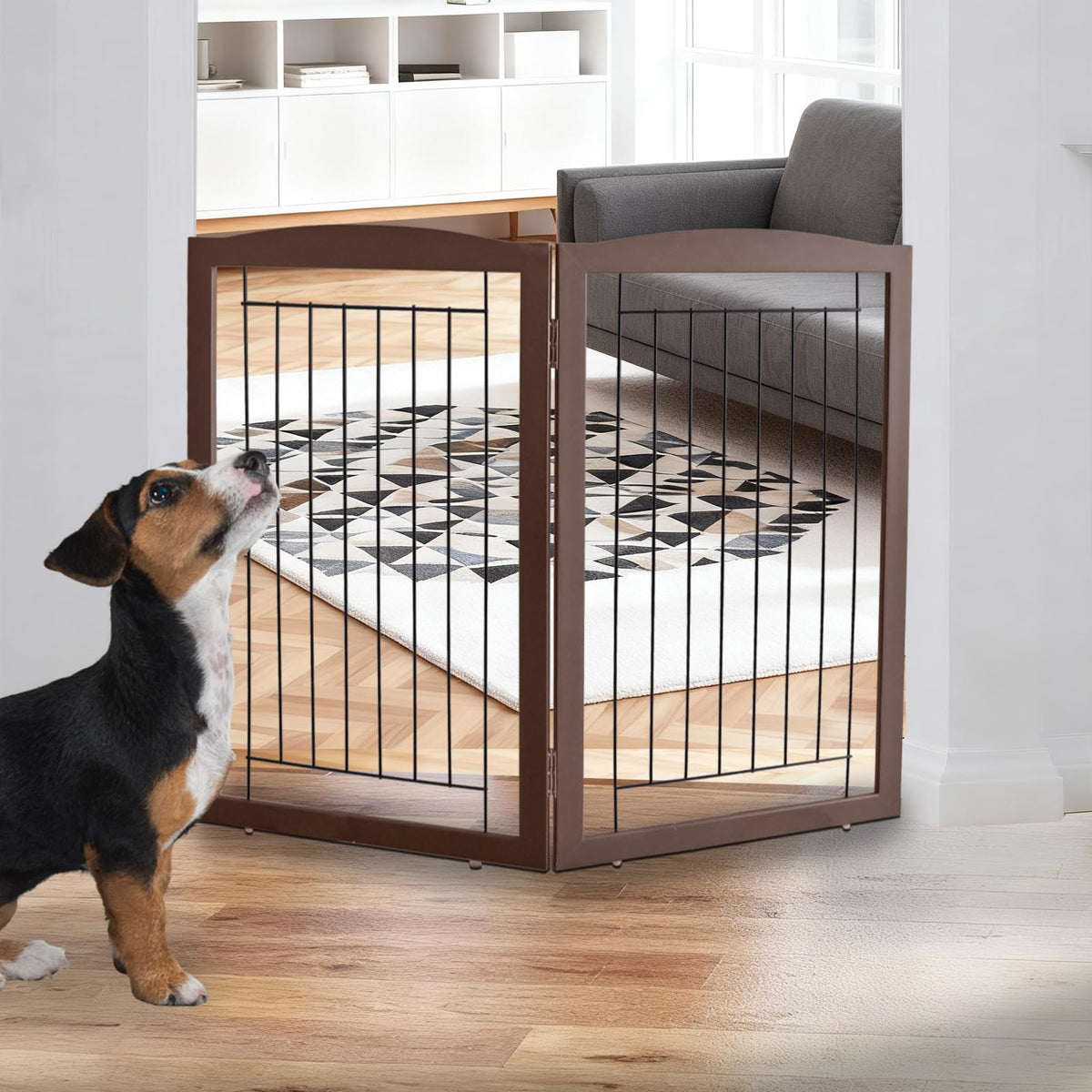 ZJSF freestanding wooden dog gate panel in hallway provides secure pet boundary.