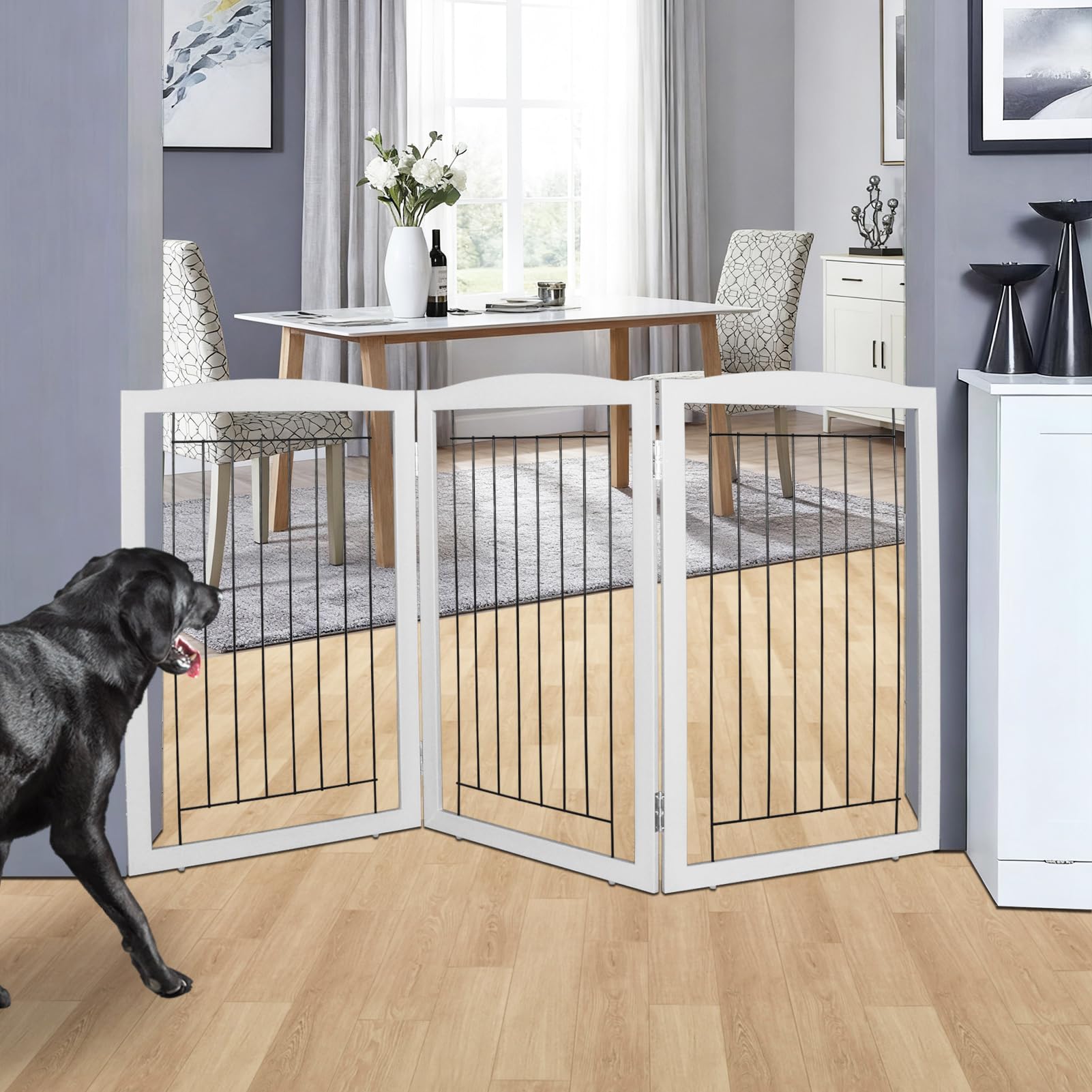 ZJSF freestanding foldable dog gate in wooden grey blocks hallway traffic and pet separation.