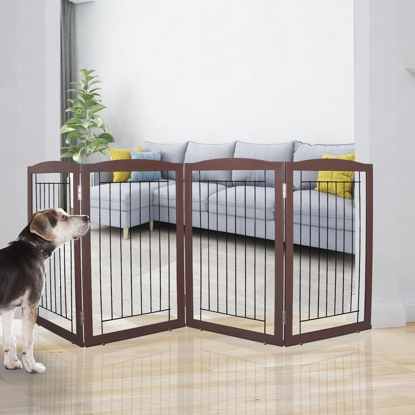 ZJSF freestanding foldable dog gate with wooden brown 4-panel design for versatile room containment.