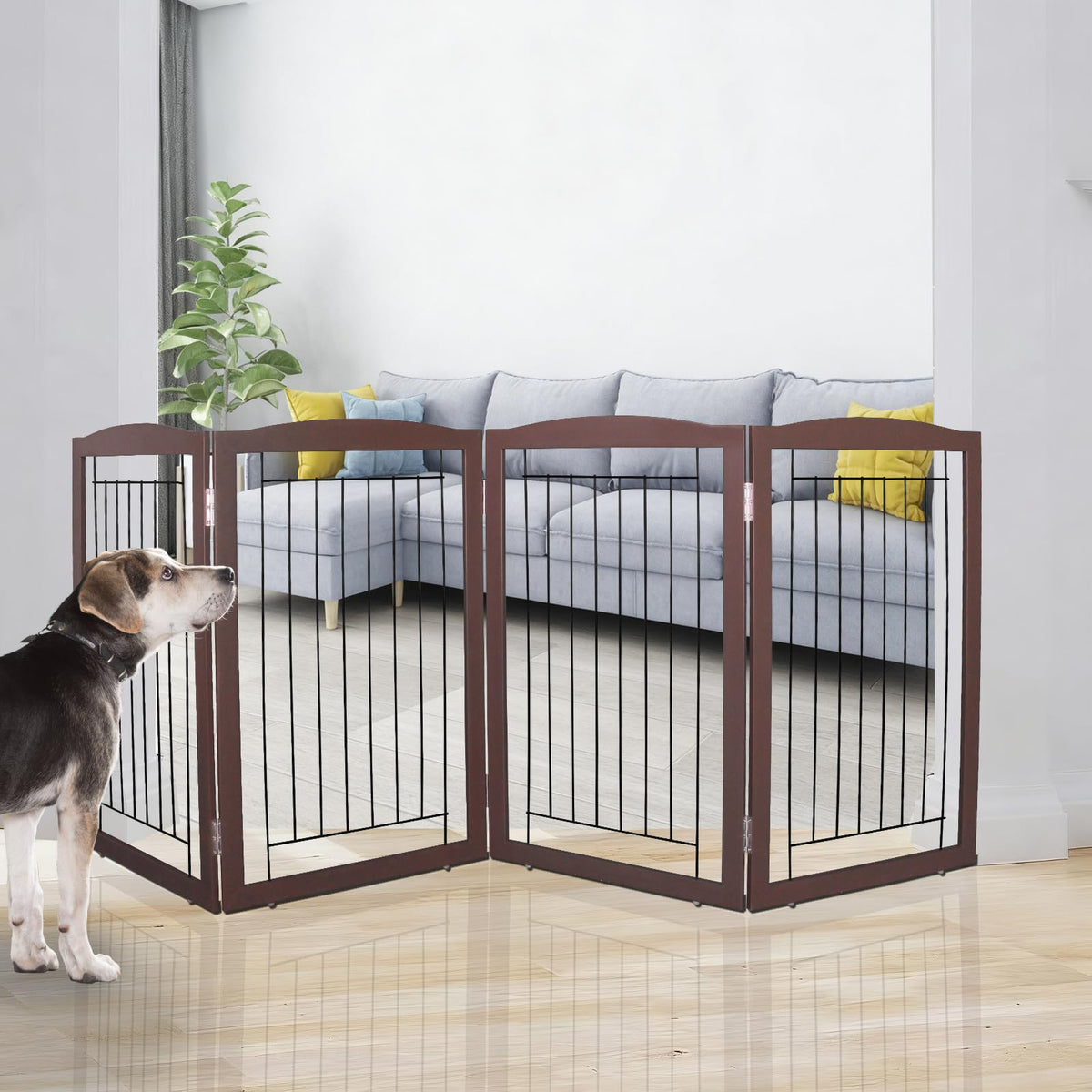 ZJSF freestanding foldable dog gate with wooden brown 4-panel design for versatile room containment.