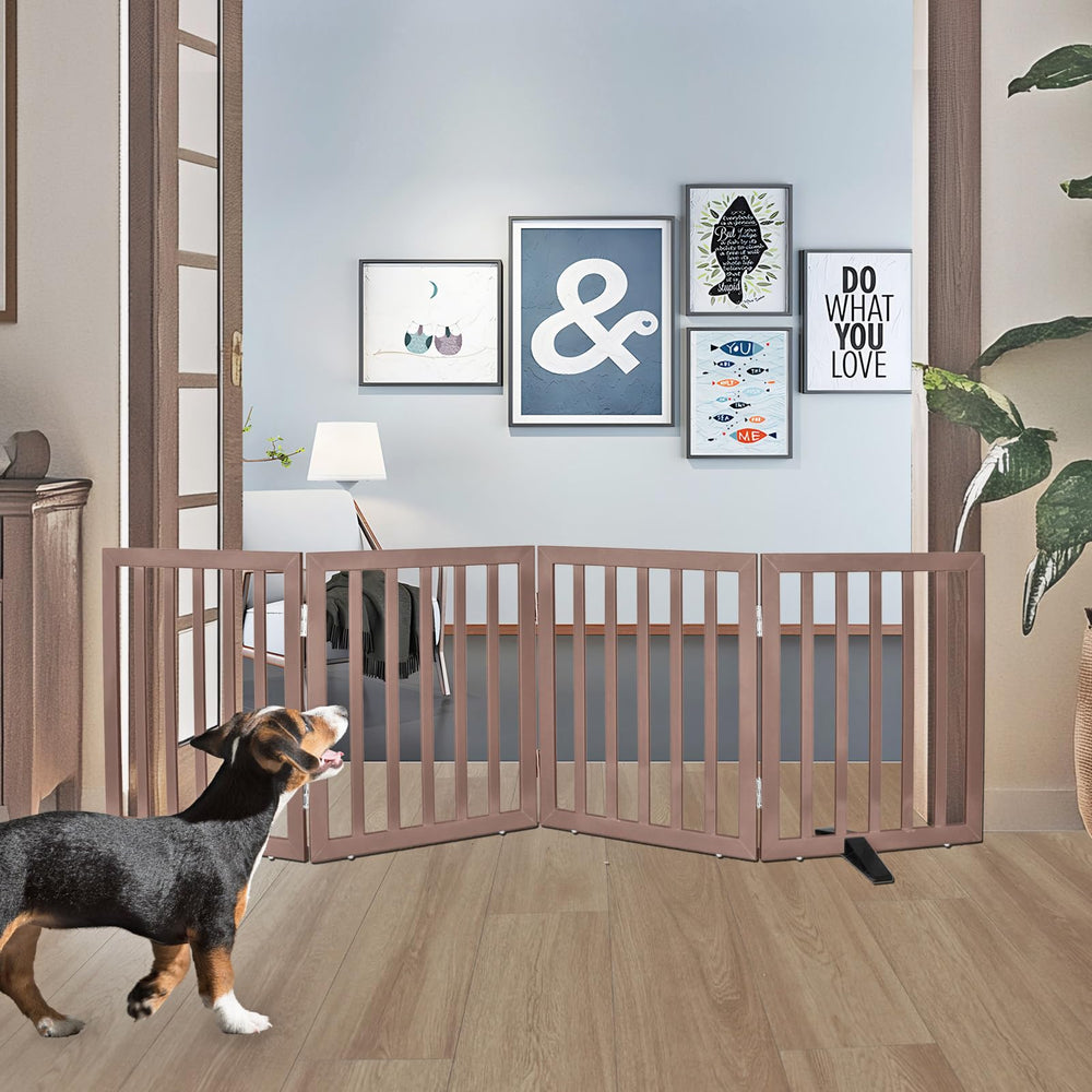ZJSF freestanding indoor dog gate in wood design offers sturdy, chew-resistant barrier for hallways.