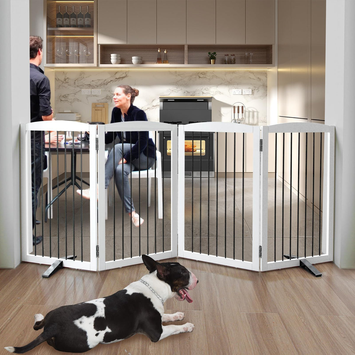 ZJSF freestanding panel gate fits indoor doorways with a sturdy white four-panel design.